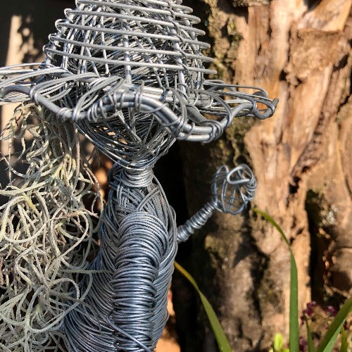 BELLA ~ Strolling Girl with sunhat and flower basket ~ Handmade Fairy Wire Hangings - Garden Patio Art Sculpture Collection