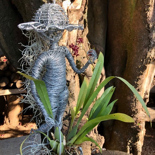 BELLA ~ Strolling Girl with sunhat and flower basket ~ Handmade Fairy Wire Hangings - Garden Patio Art Sculpture Collection
