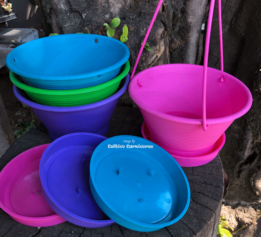 POTS & PLANTERS:  Patio plant hanging bowl with clip-on tray and matching hanger * Various colours